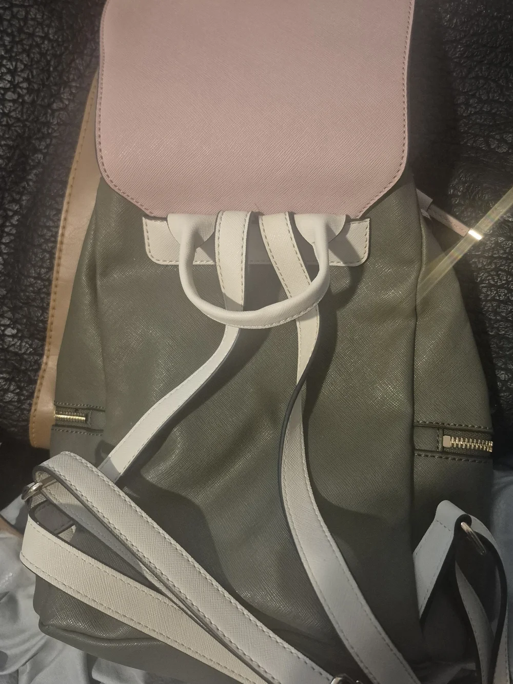 GUESS Olive Green and Light Pink Logo Flap Backpack